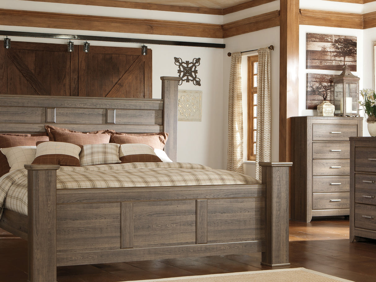 Juararo Dark Brown King Poster Bed, Dresser, Mirror, Chest And 2 Nightstands