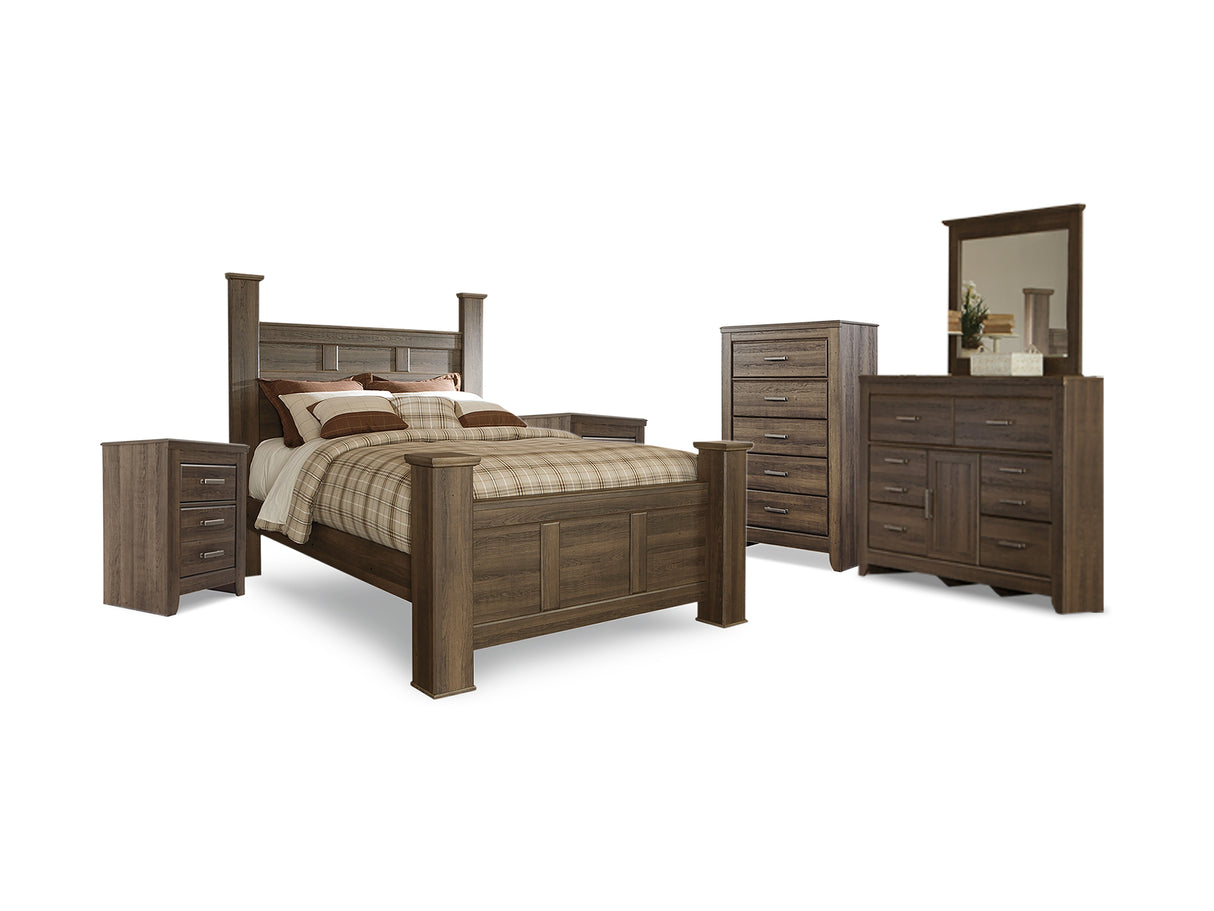 Juararo Dark Brown Queen Poster Bed, Dresser, Mirror, Chest And 2 Nightstands
