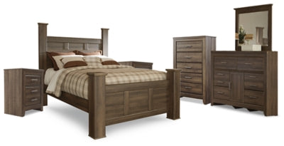 Juararo Dark Brown Queen Poster Bed, Dresser, Mirror, Chest And 2 Nightstands