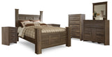 Juararo Dark Brown Queen Poster Bed, Dresser, Mirror, Chest And 2 Nightstands