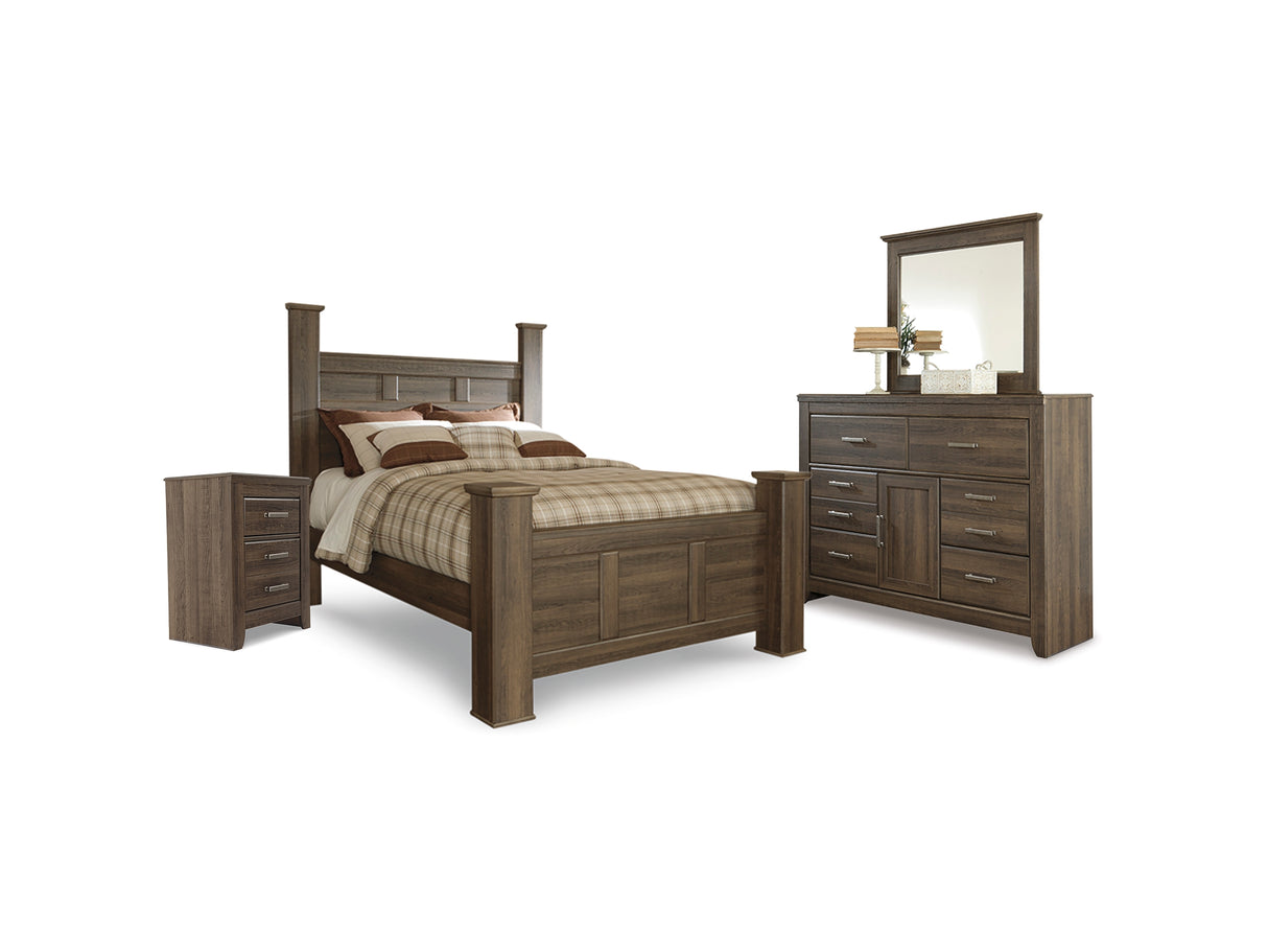 Juararo Dark Brown Queen Poster Bed With Mirrored Dresser And Nightstand
