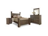Juararo Dark Brown Queen Poster Bed With Mirrored Dresser And Nightstand