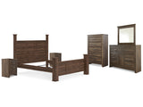 Juararo Dark Brown California King Poster Bed, Dresser, Mirror, Chest And 2 Nightstands