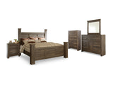 Juararo Dark Brown King Poster Bed, Dresser, Mirror, Chest And Nightstand