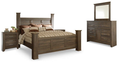 Juararo Dark Brown King Poster Bed, Dresser, Mirror And 2 Nightstands