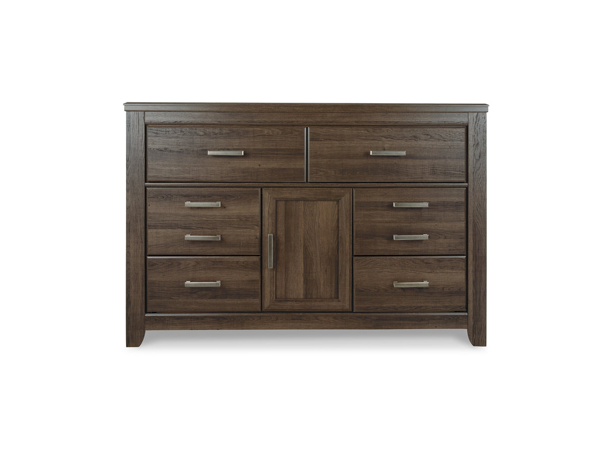 Juararo Dark Brown King Poster Bed, Dresser, Chest And Nightstand