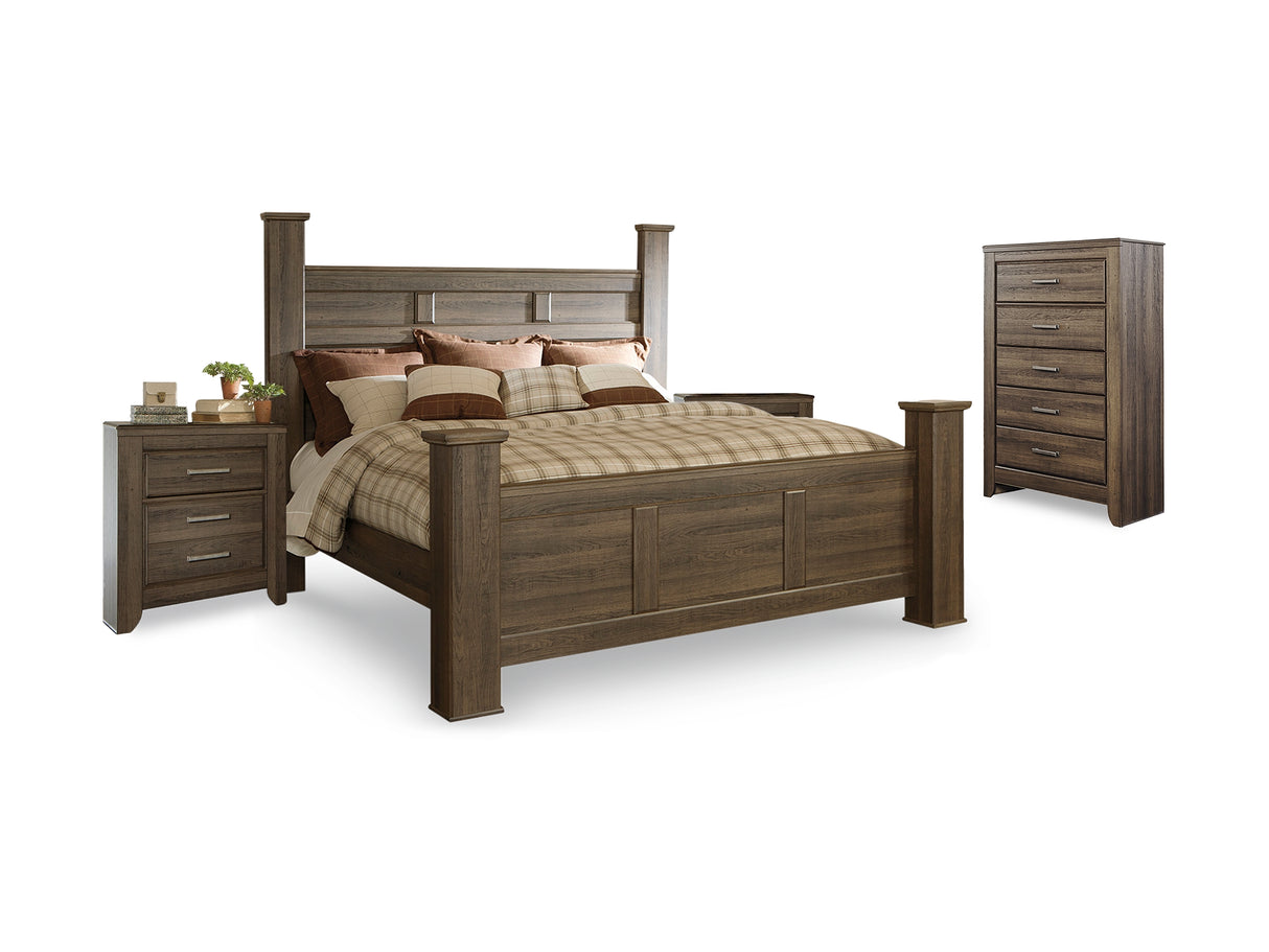 Juararo Dark Brown King Poster Bed, Chest And 2 Nightstands