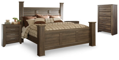 Juararo Dark Brown King Poster Bed, Chest And 2 Nightstands