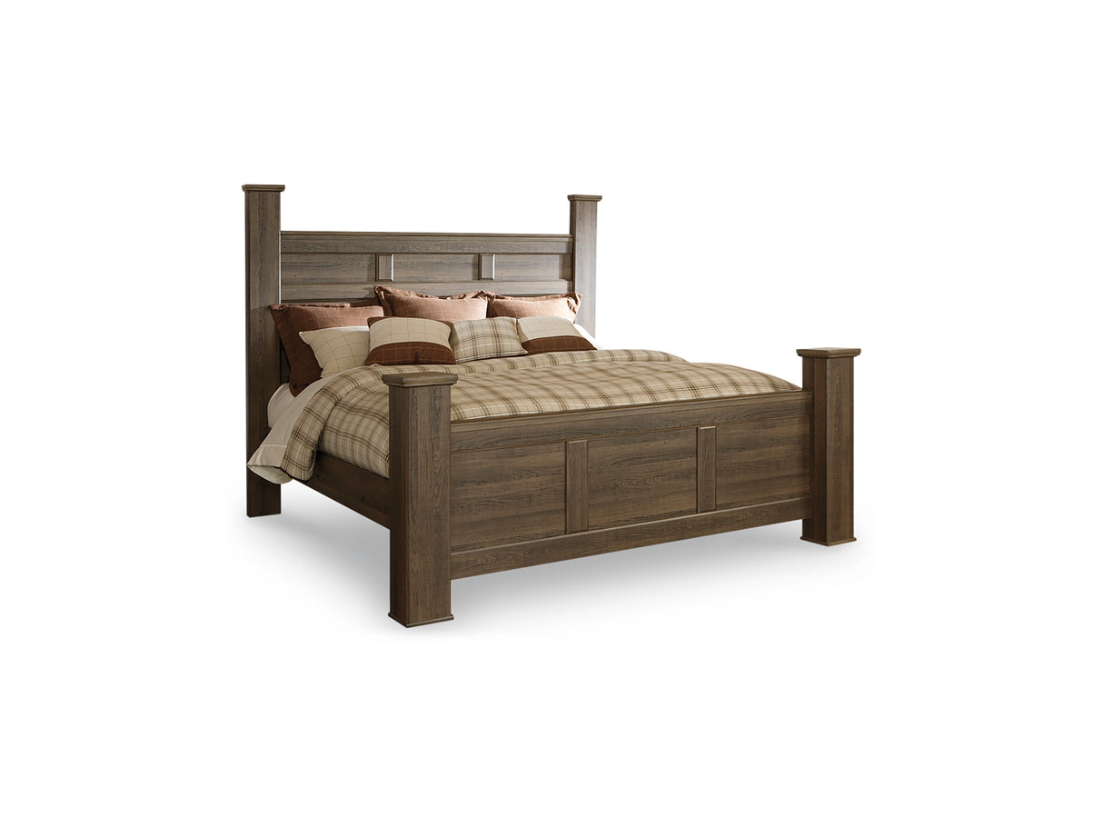 Juararo Dark Brown California King Poster Bed, Dresser, Mirror, Chest And 2 Nightstands