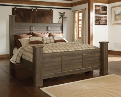 Juararo Dark Brown King Poster Bed, Dresser, Mirror, Chest And 2 Nightstands