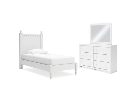 Mollviney White Twin Panel Bed, Dresser And Mirror
