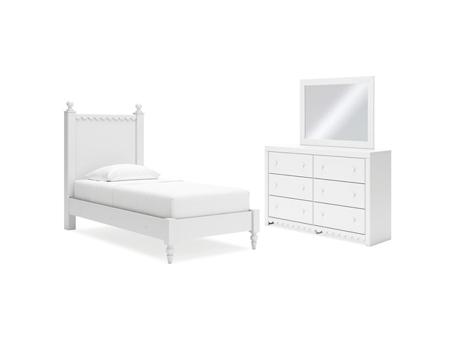 Mollviney White Twin Panel Bed, Dresser And Mirror