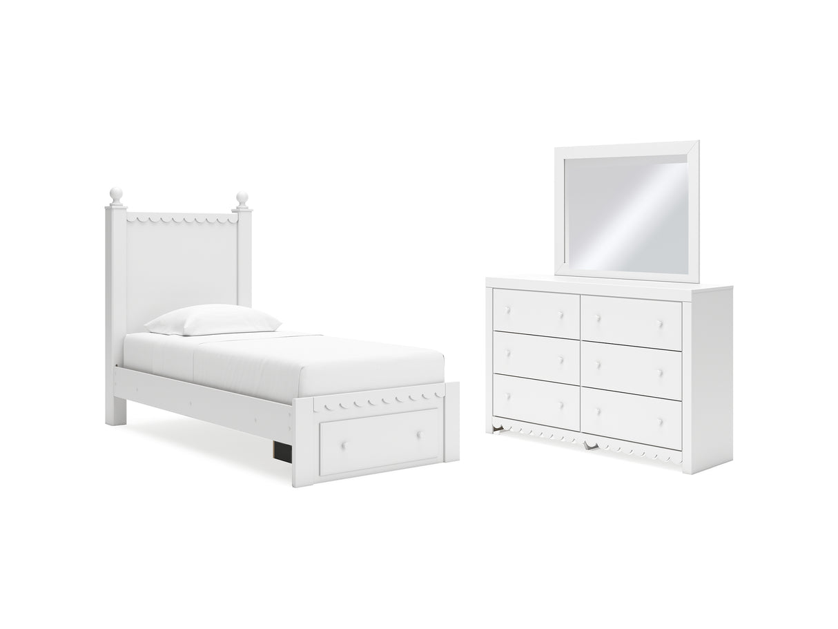 Mollviney White Twin Panel Storage Bed, Dresser And Mirror