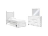Mollviney White Twin Panel Storage Bed, Dresser And Mirror