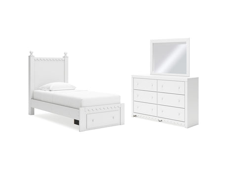 Mollviney White Twin Panel Storage Bed, Dresser And Mirror