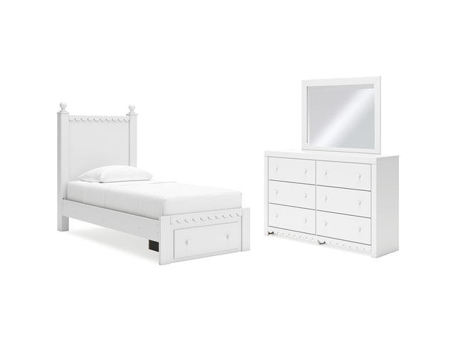 Mollviney White Twin Panel Storage Bed, Dresser And Mirror
