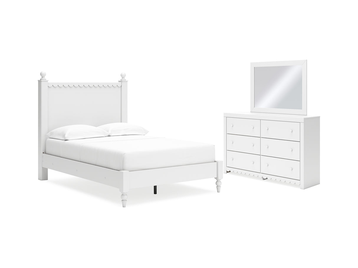 Mollviney White Full Panel Bed, Dresser And Mirror