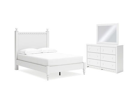 Mollviney White Full Panel Bed, Dresser And Mirror