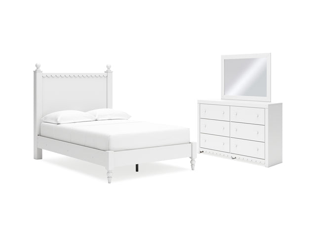 Mollviney White Full Panel Bed, Dresser And Mirror