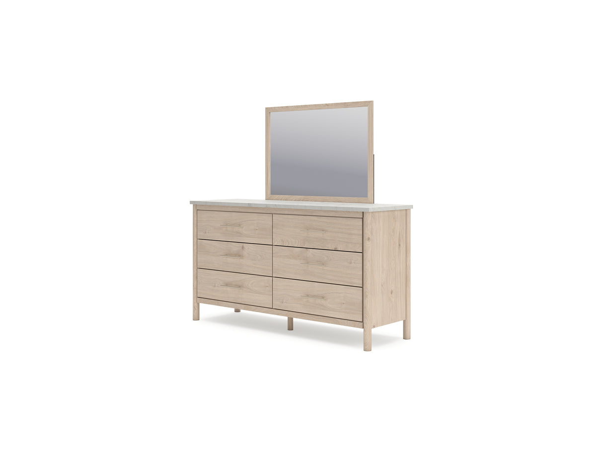 Cadmori Two-Tone Queen Upholstered Panel Bed, Dresser And Mirror