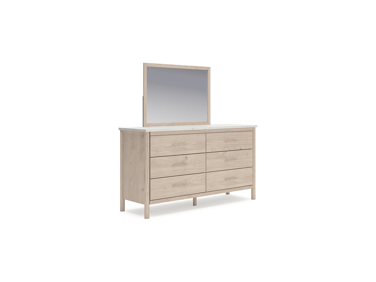Cadmori Two-Tone Queen Upholstered Panel Bed, Dresser And Mirror