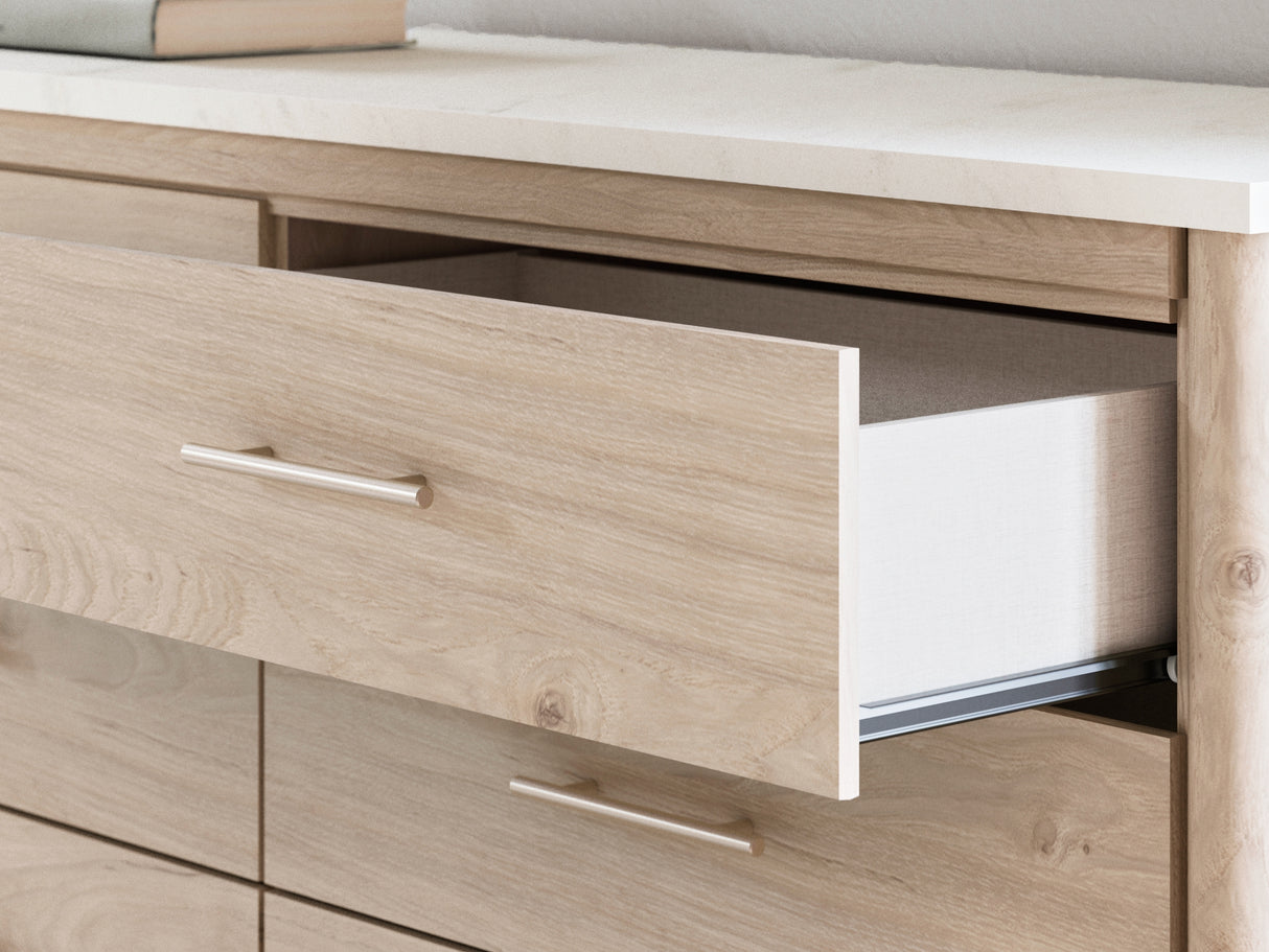 Cadmori Two-Tone Queen Upholstered Panel Bed, Dresser And Mirror