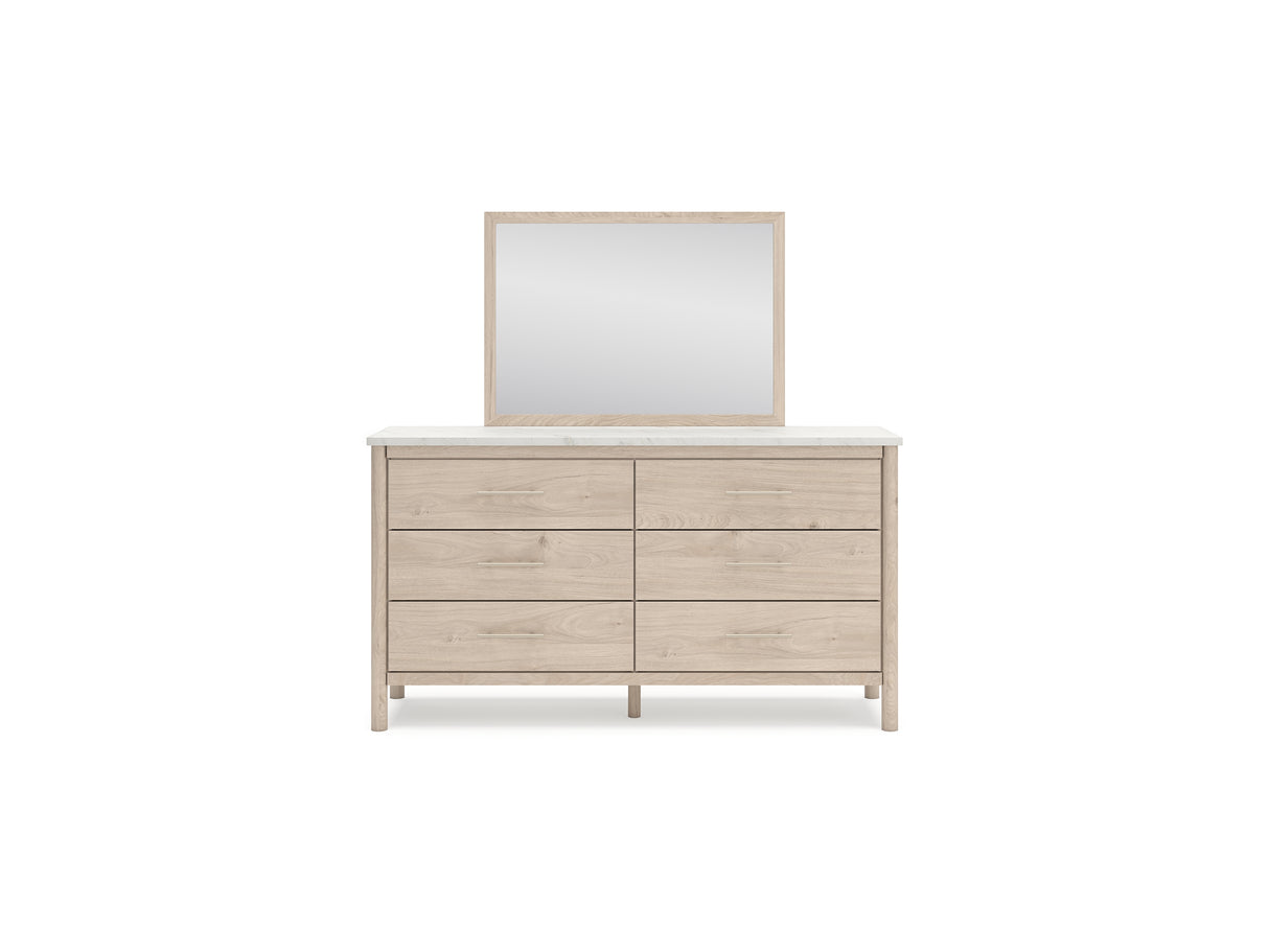Cadmori Two-Tone Queen Upholstered Panel Bed, Dresser And Mirror