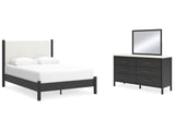 Cadmori Black/White Queen Upholstered Panel Bed, Dresser And Mirror