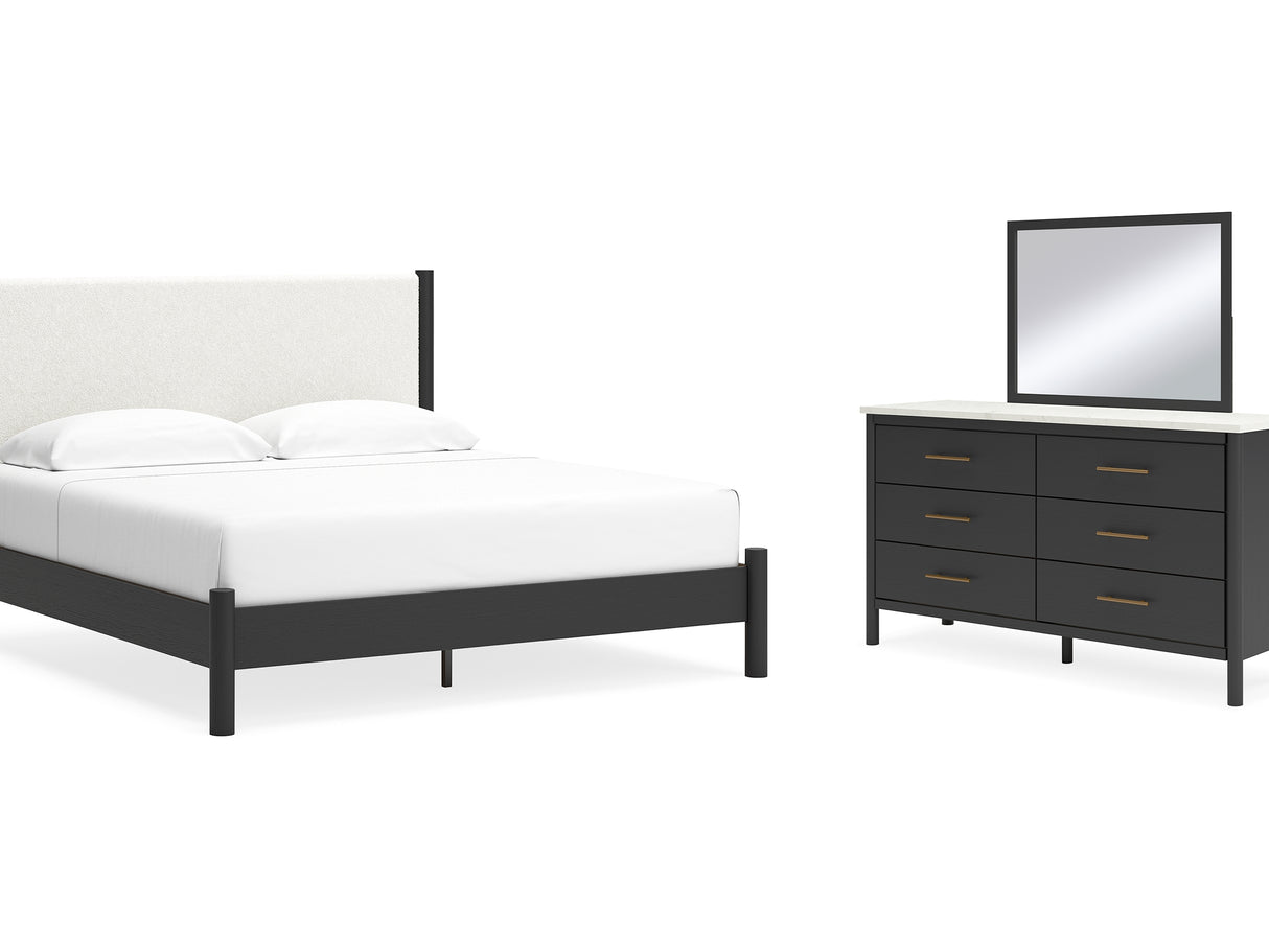 Cadmori Black/White King Upholstered Panel Bed, Dresser And Mirror