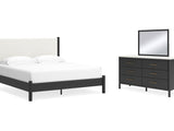 Cadmori Black/White King Upholstered Panel Bed, Dresser And Mirror