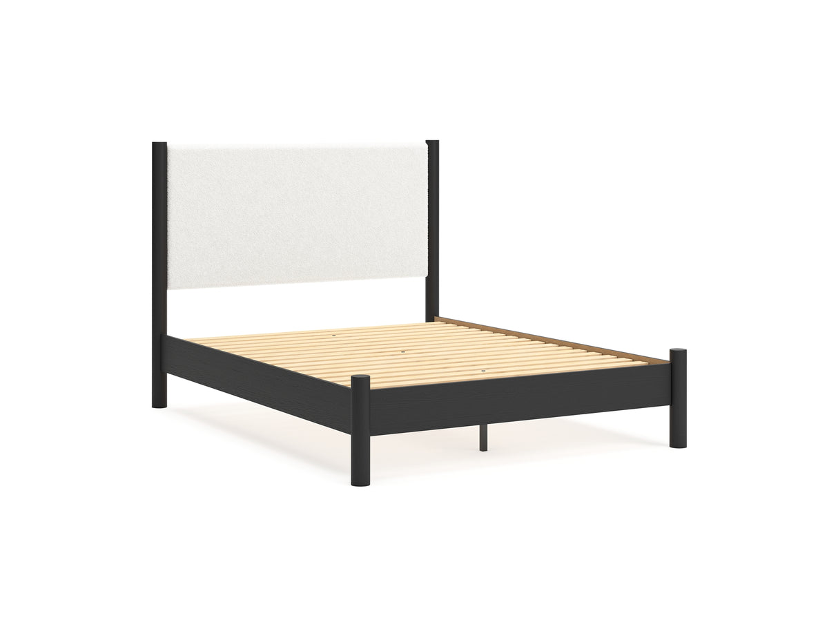 Cadmori Black/White Queen Upholstered Panel Bed, Dresser And Mirror
