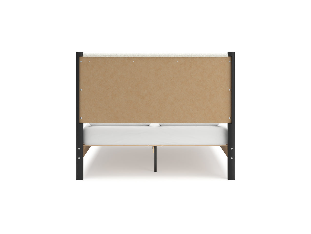 Cadmori Black/White Queen Upholstered Panel Bed, Dresser And Mirror