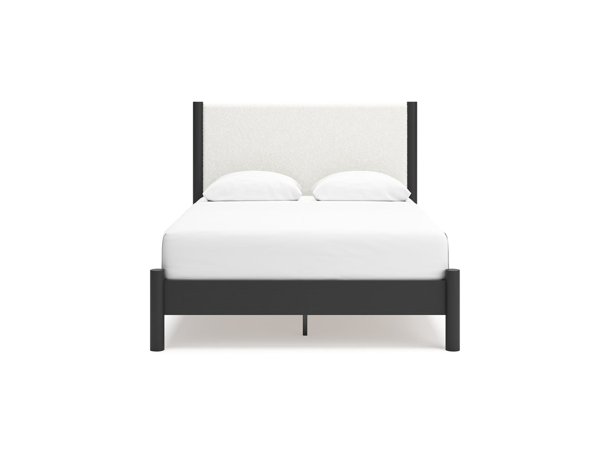 Cadmori Black/White Queen Upholstered Panel Bed, Dresser And Mirror