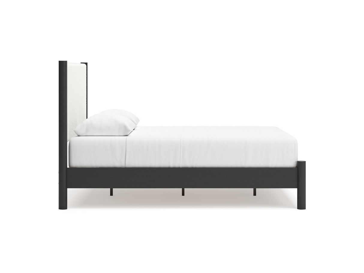 Cadmori Black/White Queen Upholstered Panel Bed, Dresser And Mirror