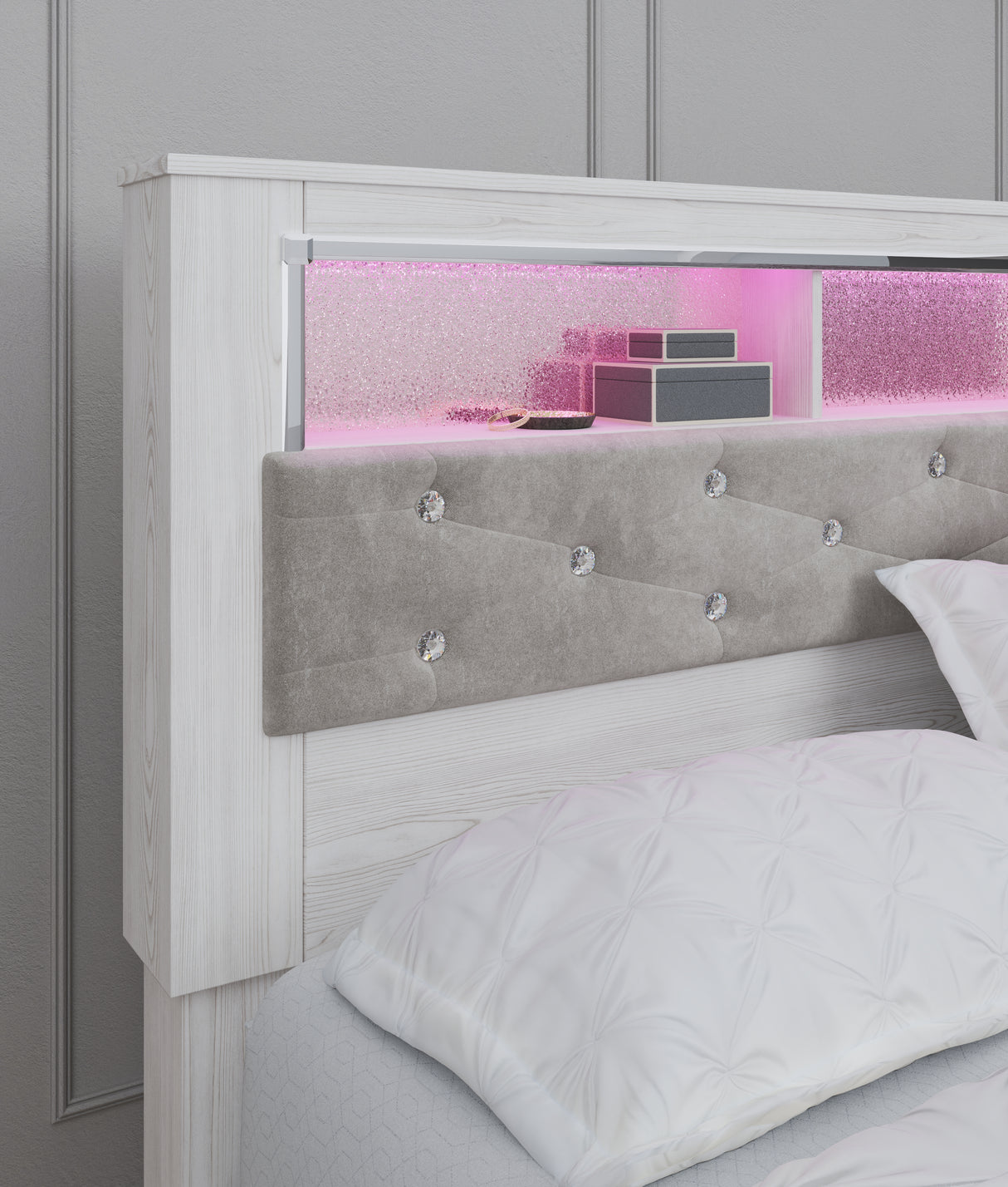 Altyra White King Upholstered Panel Bookcase Headboard