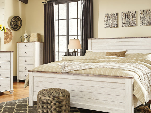 Willowton Whitewash King Panel Bed, Dresser, Mirror, Chest And 2 Nightstands