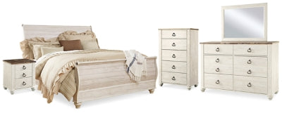 Willowton Whitewash King Sleigh Bed, Dresser, Mirror, Chest And 2 Nightstands