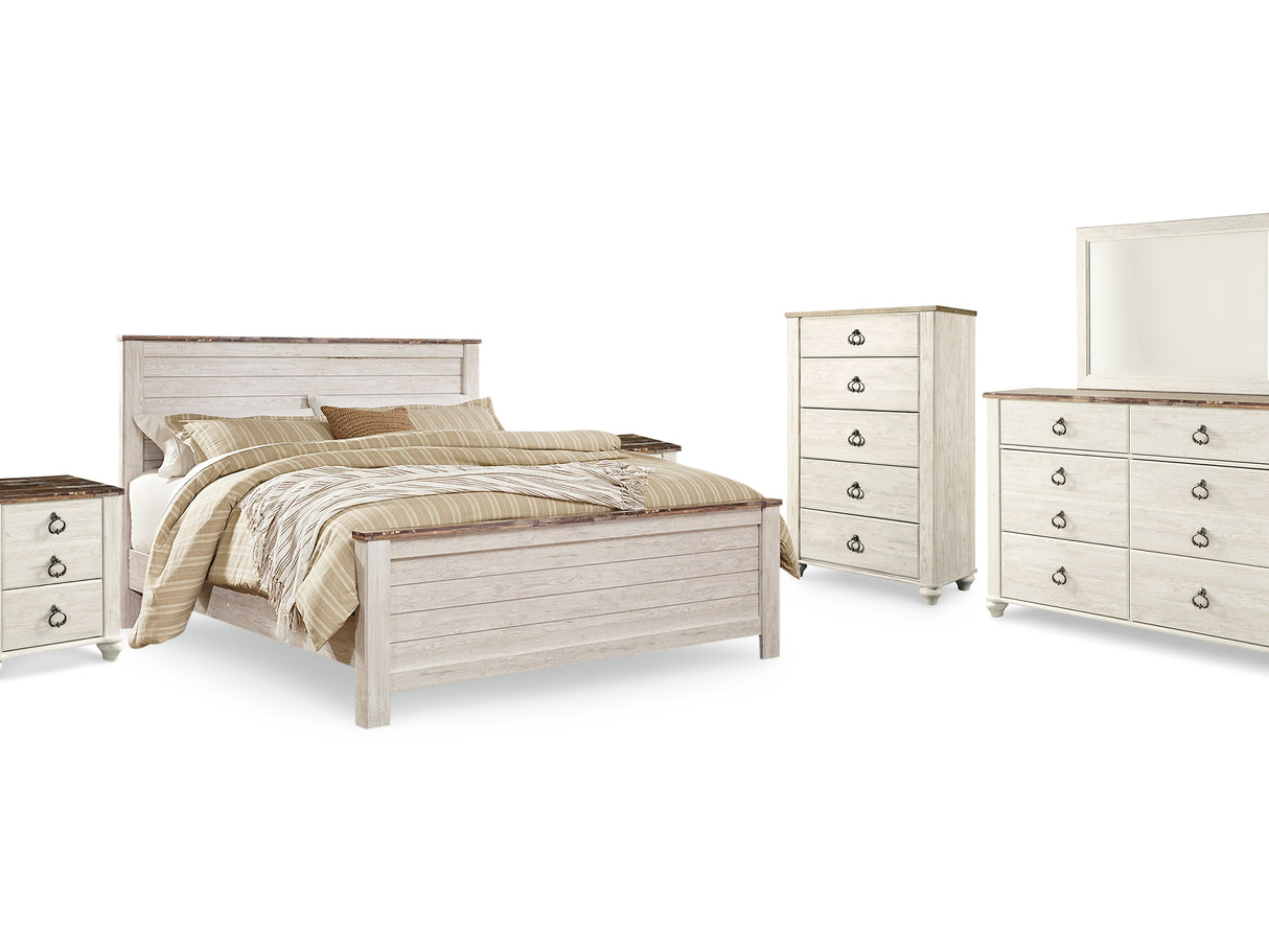 Willowton Whitewash King Panel Bed, Dresser, Mirror, Chest And 2 Nightstands