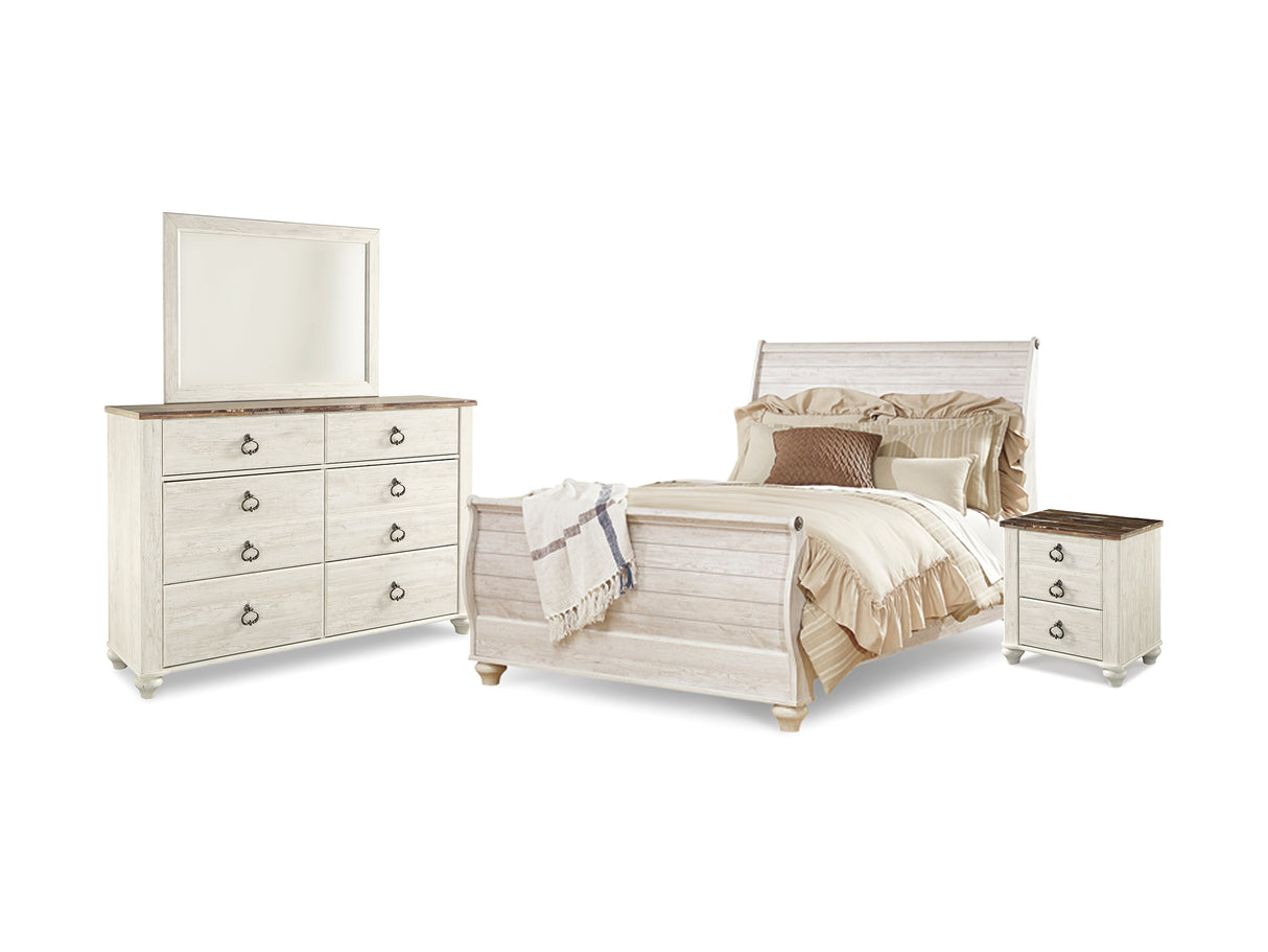 Willowton Whitewash Queen Sleigh Bed With Mirrored Dresser And Nightstand