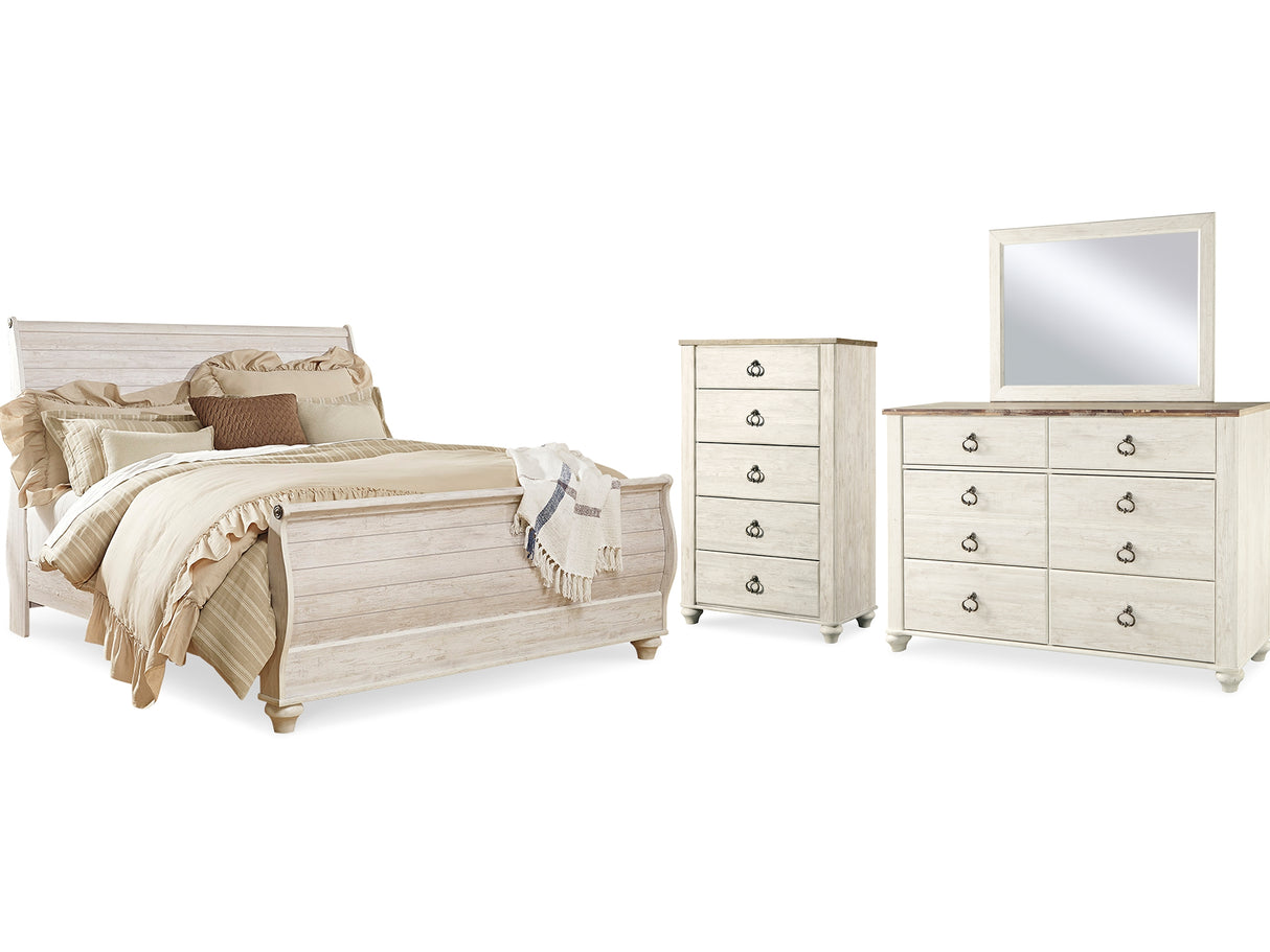 Willowton Whitewash King Sleigh Bed, Dresser, Mirror And Chest