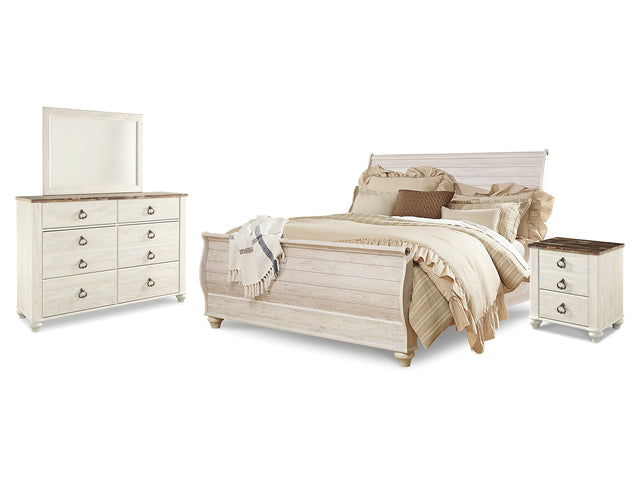 Willowton Whitewash King Sleigh Bed, Dresser, Mirror And Nightstand