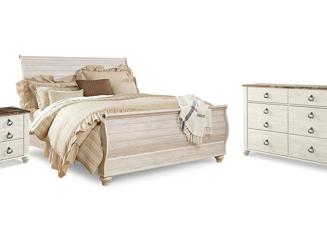 Willowton Whitewash King Sleigh Bed, Dresser And Nightstand