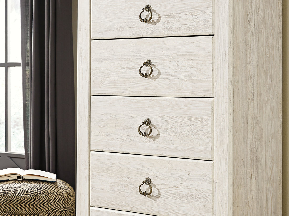 Willowton Whitewash King Sleigh Bed, Dresser, Mirror And Chest