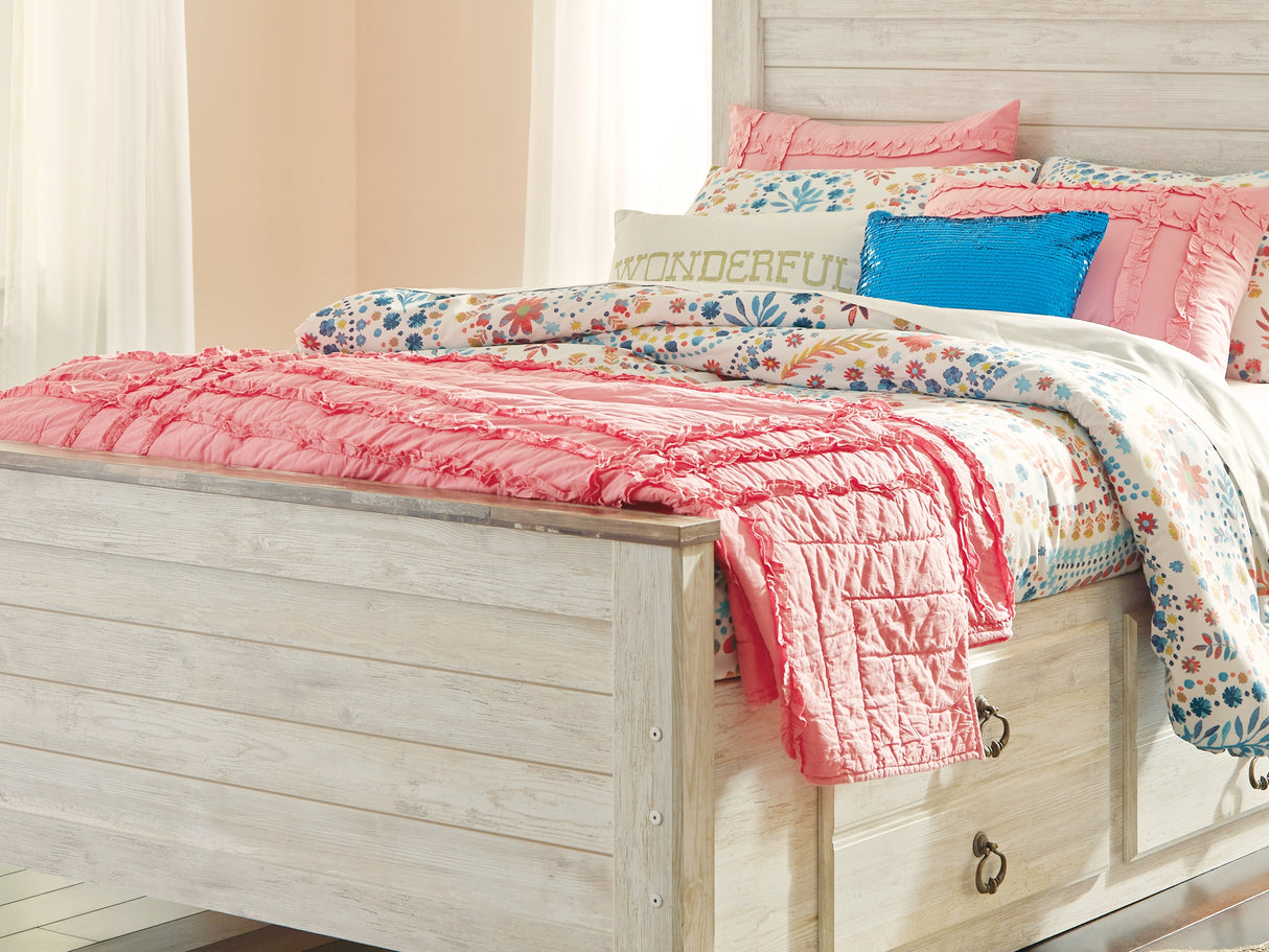 Willowton Whitewash Full Panel Bed With Storage, Dresser And Mirror