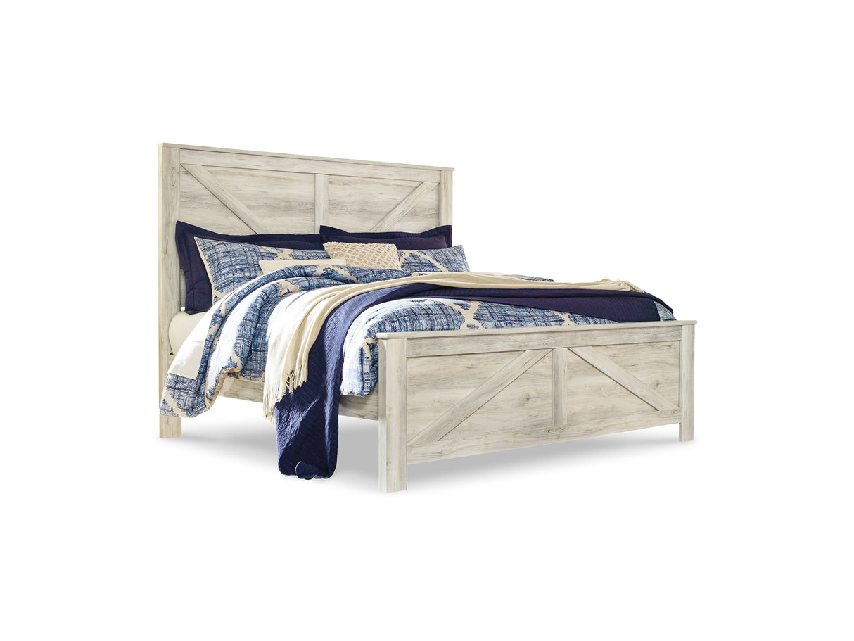 Bellaby Whitewash King Crossbuck Panel Bed, Dresser, Mirror, And Nightstand