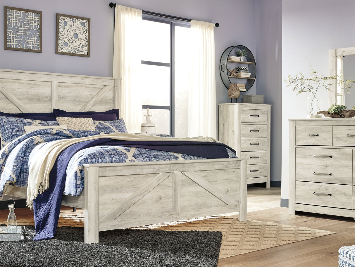 Bellaby Whitewash King Crossbuck Panel Bed, Dresser, Mirror, And Nightstand