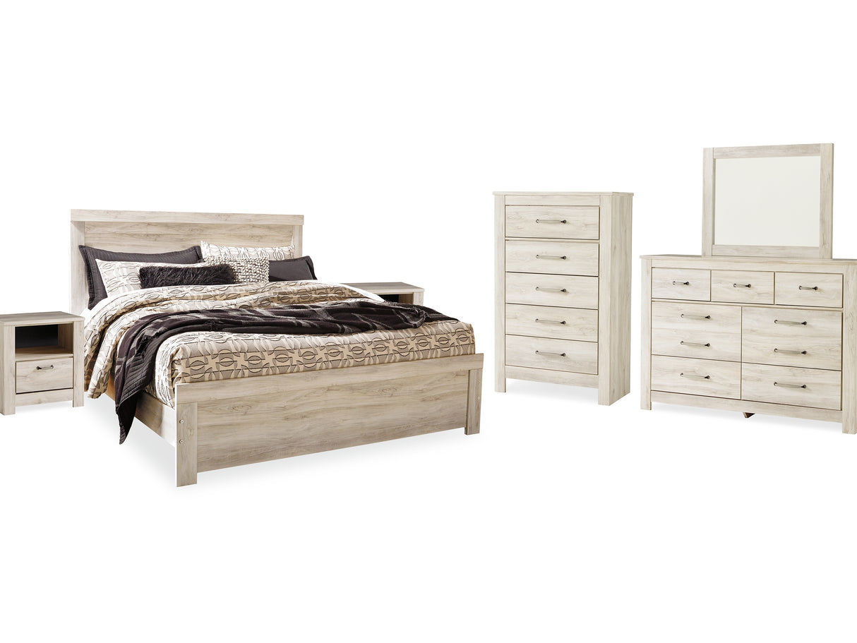 Bellaby Whitewash King Panel Bed, Dresser, Mirror, Chest And 2 Nightstands