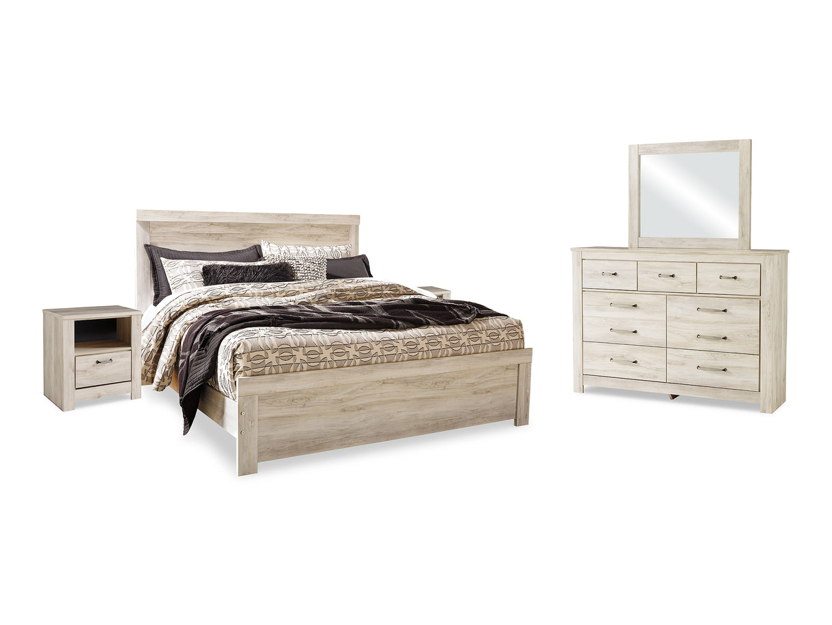Bellaby Whitewash King Panel Bed, Dresser, Mirror And 2 Nightstands