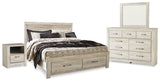 Bellaby Whitewash King Panel Storage Bed, Dresser, Mirror And Nightstand