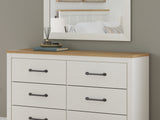 Linnocreek White/Warm Brown Queen Panel Headboard, Dresser And Mirror